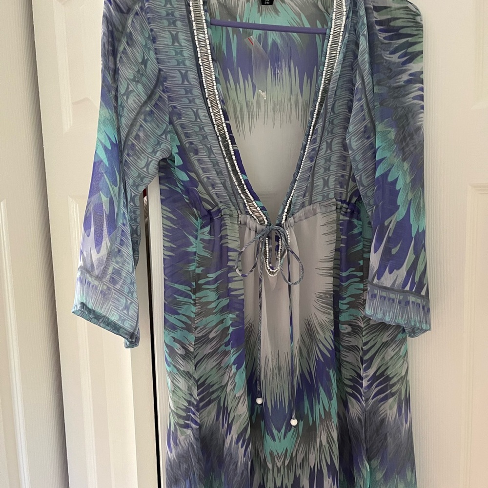 Charlie Paige Aqua and Gray Sheer Top